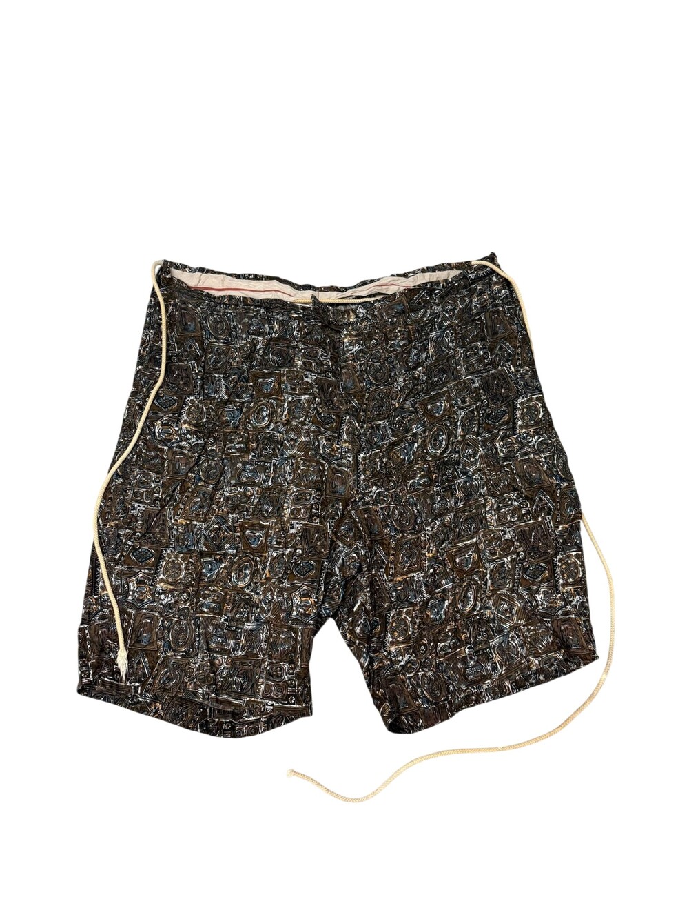 Vintage 60s Tribal Bermuda Shorts Mens 38 Brown Nylon Lined Drawstring Pockets